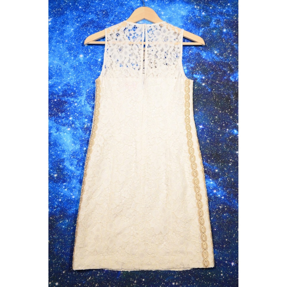Lilly Pulitzer Mila Shift Dress Womens 0 White Lace Floral Gold Trim Sleeveless - Picture 3 of 6